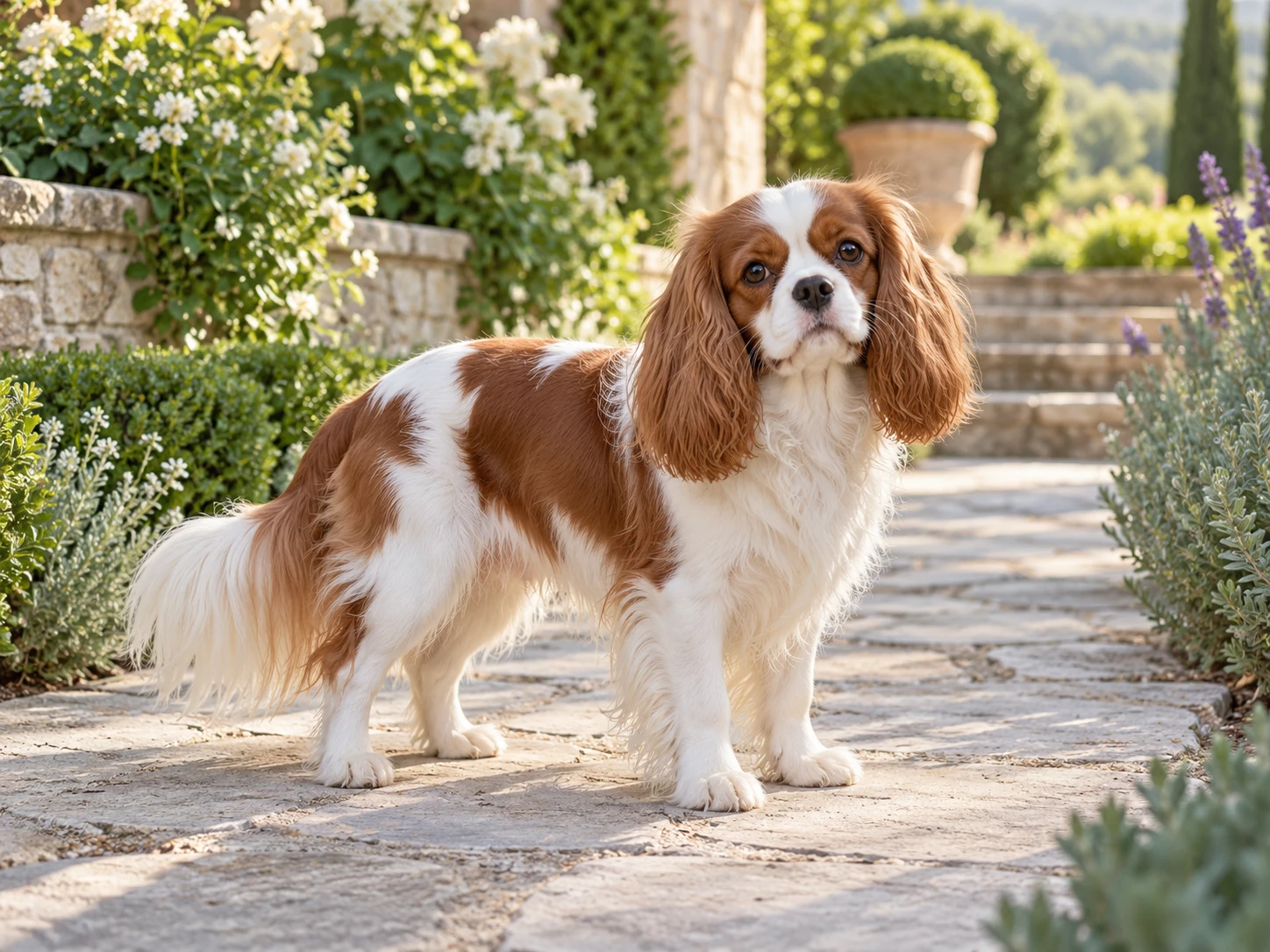 A standing Cavalier scene illustrates a different daily activity; size the bed for your own dog.