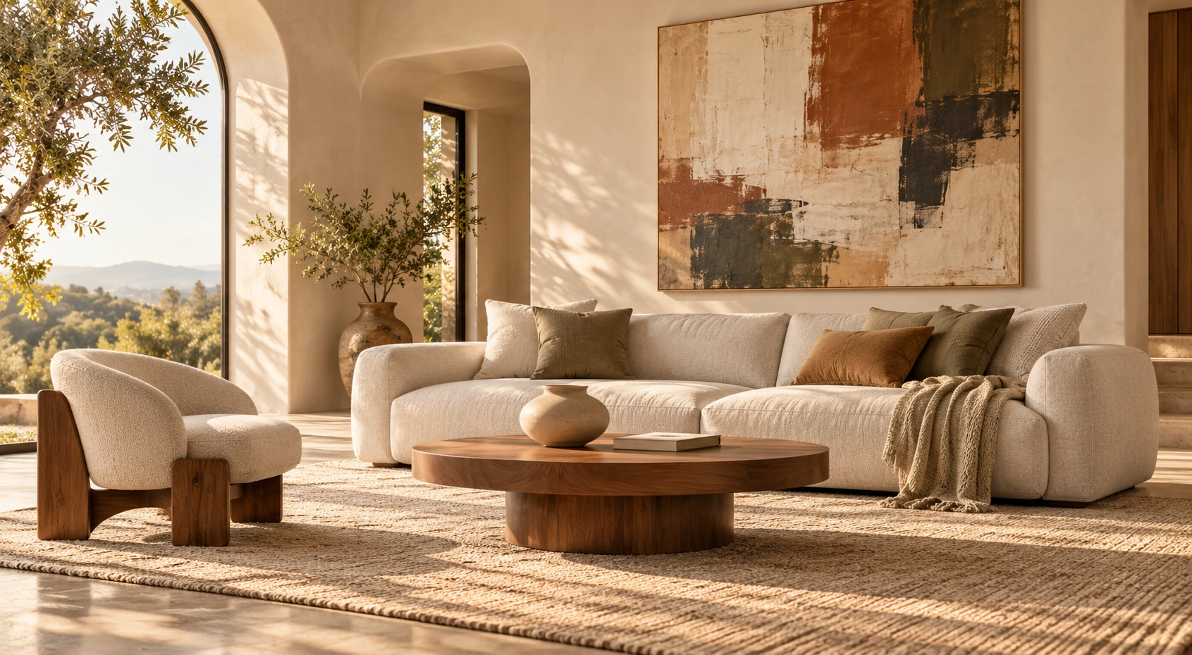 An original artistic home interior with warm plaster, sculptural furniture and abstract art; generated illustration