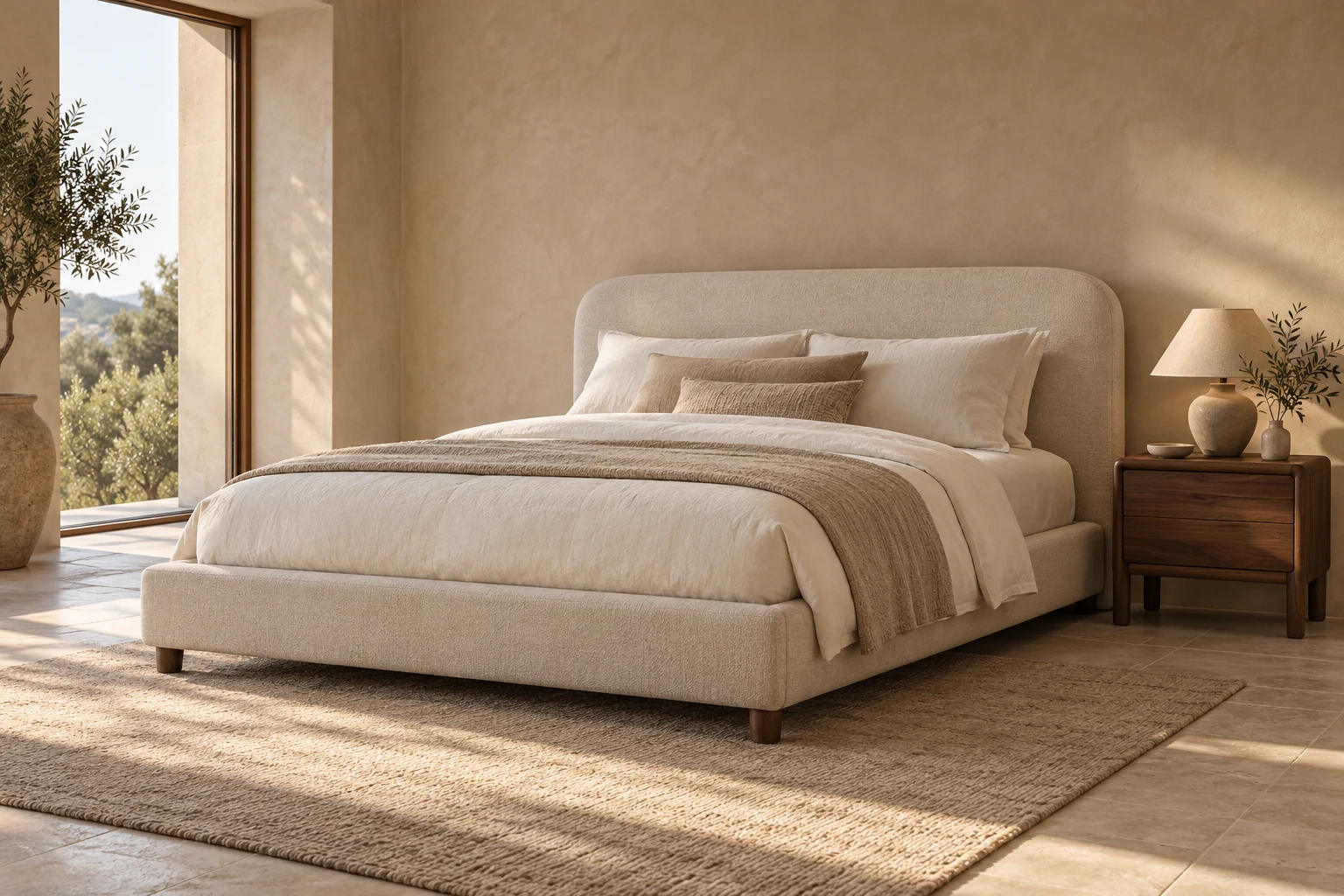Ivory upholstered bed — illustrative concept